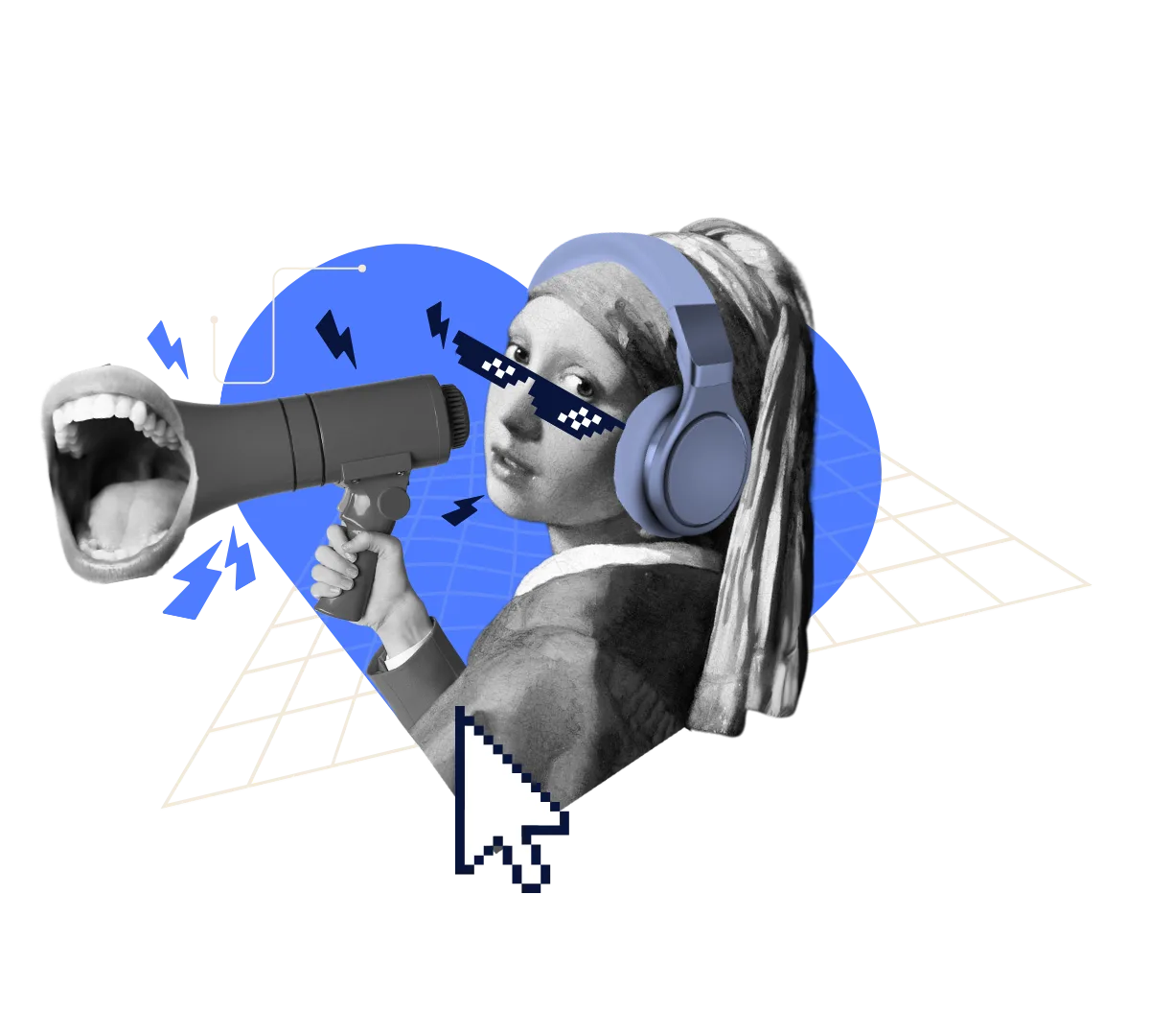 Vintage cut-out, girl with pearl earring holding a megaphone, wearing headphones, her eyes following the light